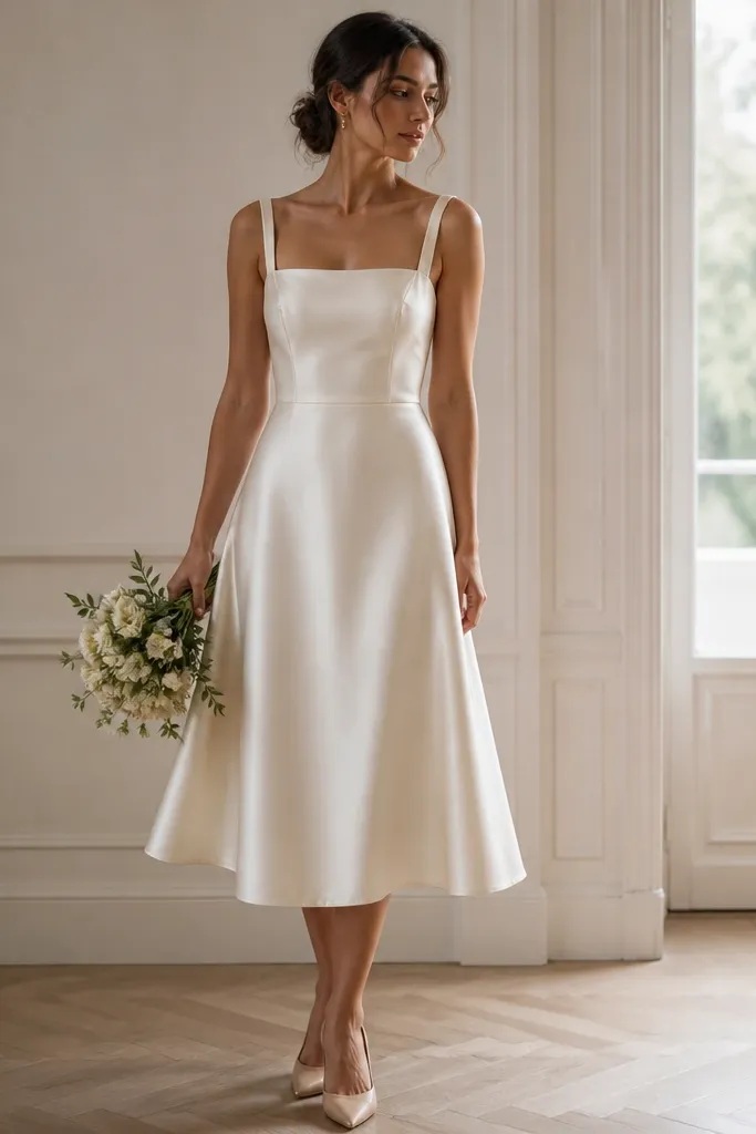 A short wedding dress aesthetic look featuring a satin tea-length dress with a straight square neckline, fitted bodice, and a subtle A-line skirt; the dress is ivory with a soft sheen, paired with nude pointed-toe heels.