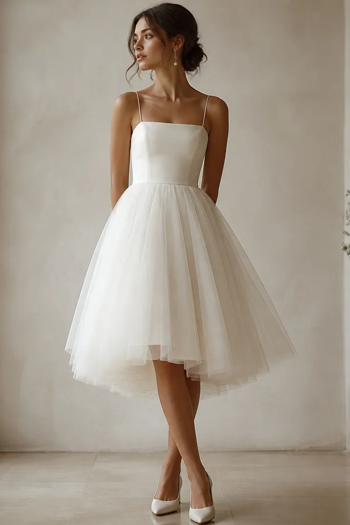 A fluffy short wedding dress aesthetic with an outer layer of ivory tulle and a slightly shorter underlayer that shows at the hem; bodice is fitted with thin straps; styled with pearl drop earrings and low block heels.