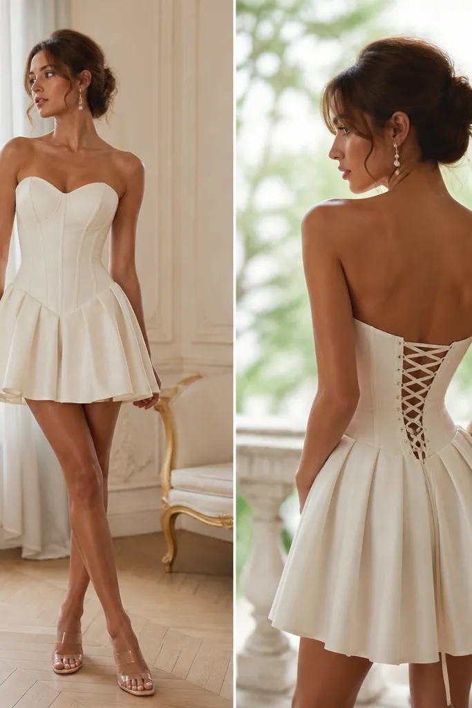 An ivory corset-style short wedding dress with a fitted front, lace-up back detail, and a lightly flared mini skirt; paired with clear-strap heels and delicate drop earrings.