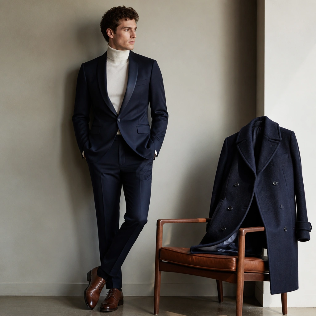 A tailored men’s-style suit in deep navy with a structured jacket, satin-like lapel accents, matching trousers, and a crisp white turtleneck. The scene shows polished brown leather shoes and a long, wool overcoat draped beside the outfit.