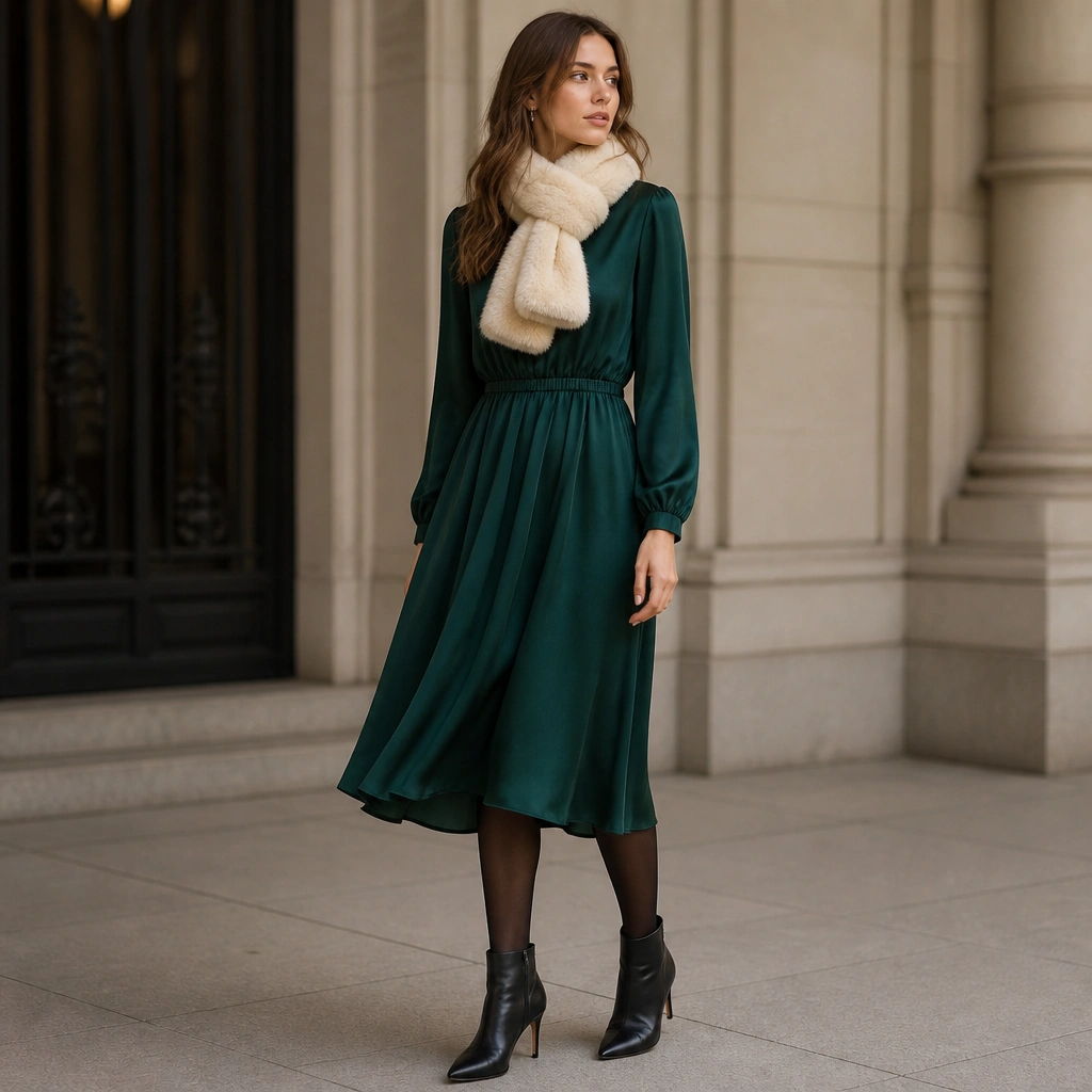 A long-sleeve emerald green midi dress with a subtle sheen, visible lining at the hem, and a gathered waist. The image shows sheer-to-opaque tights, heeled ankle boots, and a cream faux-fur wrap scarf.