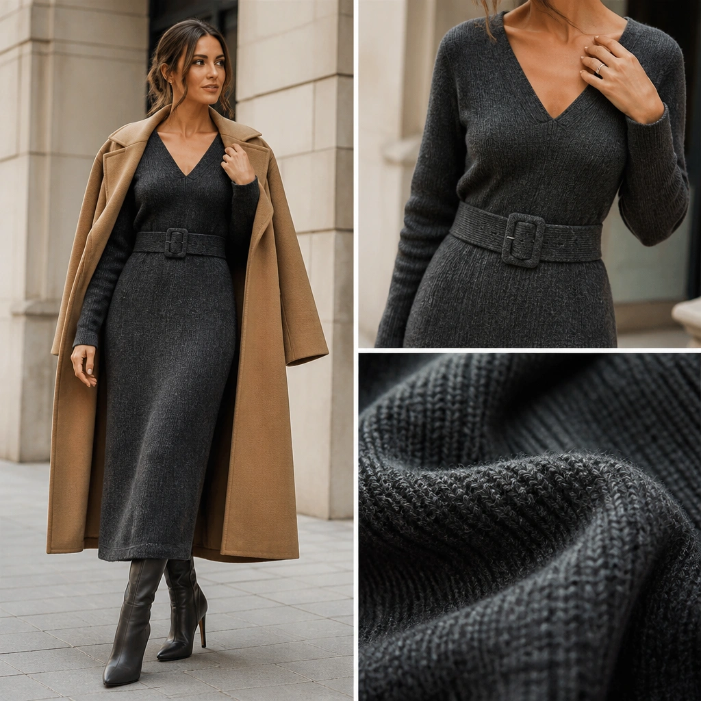 A cozy knit dress in charcoal gray with a V-neck, long sleeves, and a wide belt cinching at the waist. The photo includes tall heeled boots and a camel overcoat, with a close-up showing knit texture.