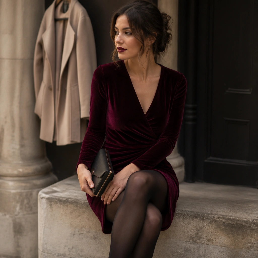 A burgundy velvet wrap dress with a V-neck and long sleeves, styled with opaque black tights. The image shows a structured clutch and a dark red lipstick look, plus a soft wrap coat in the background.