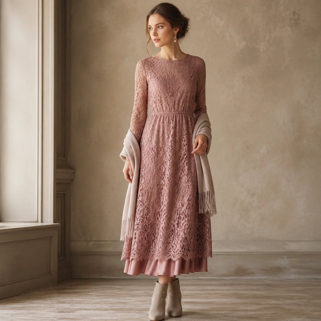 A lace midi dress in dusty rose with long sleeves, layered over a satin-like inner slip visible at the hem. The image shows a soft shawl, pearl drop earrings, and ankle boots.