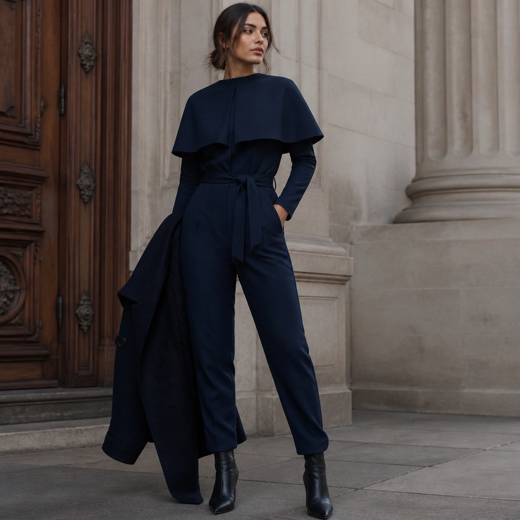 A dark navy jumpsuit with long sleeves and a cape-like overlay at the shoulders. The photo shows a waist tie, sculpted legs, and a pair of sleek boots with a structured winter coat in frame.