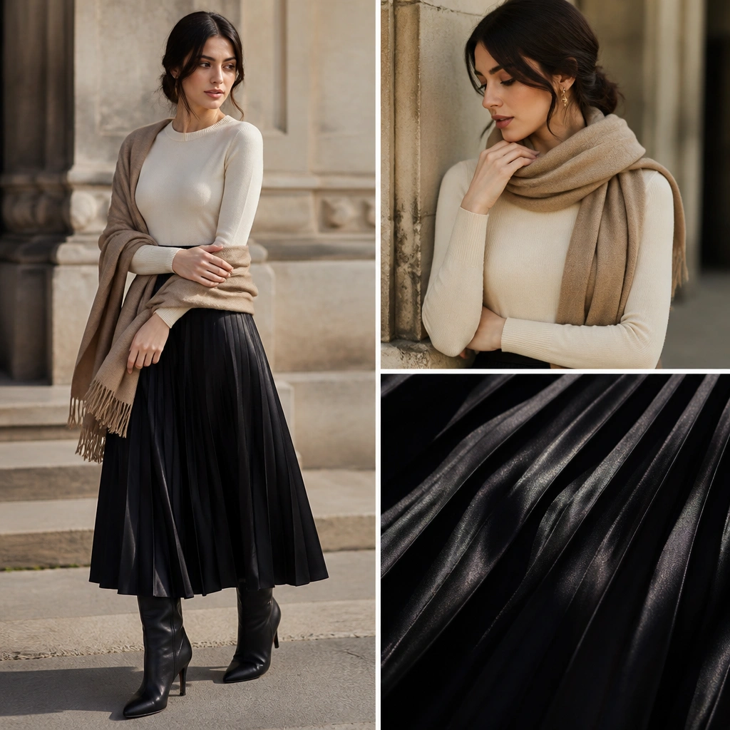 A two-piece winter outfit: a pleated satin-like midi skirt in black with a fitted knit top in ivory. The image shows a warm wrap scarf and heeled boots, plus a close-up of pleats catching light.