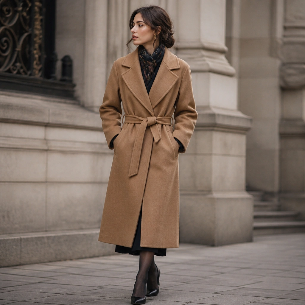A camel wool belted overcoat worn over a dark winter dress. The image shows the belt cinched at the waist, a visible scarf at the neck, and a glimpse of tights and heels underneath.