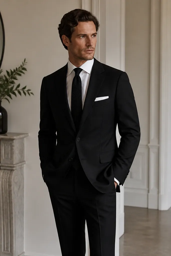 A matte black two-piece suit with a subtle textured weave, paired with a crisp white spread-collar dress shirt. The tie is a solid black knit, and the pocket square is white linen folded neatly. Shoes are black leather oxfords.