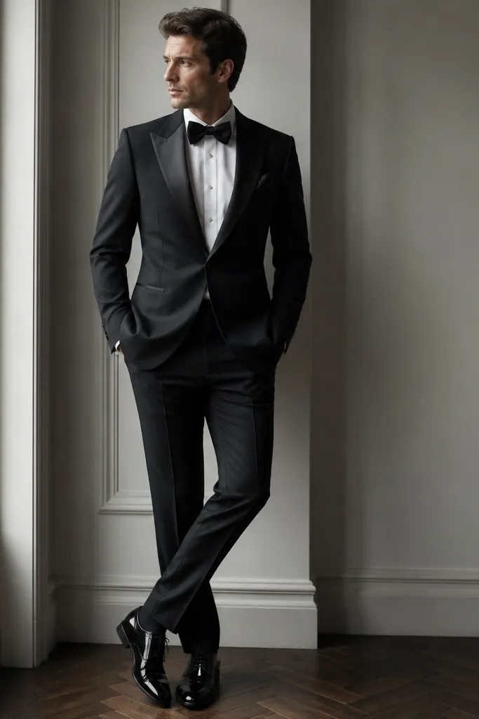 A black suit with subtle wool-silk sheen, featuring satin peak lapels. Underneath is a white dress shirt with a black bow tie. A black satin pocket square sits in the breast pocket. Black patent leather dress shoes complete the look.