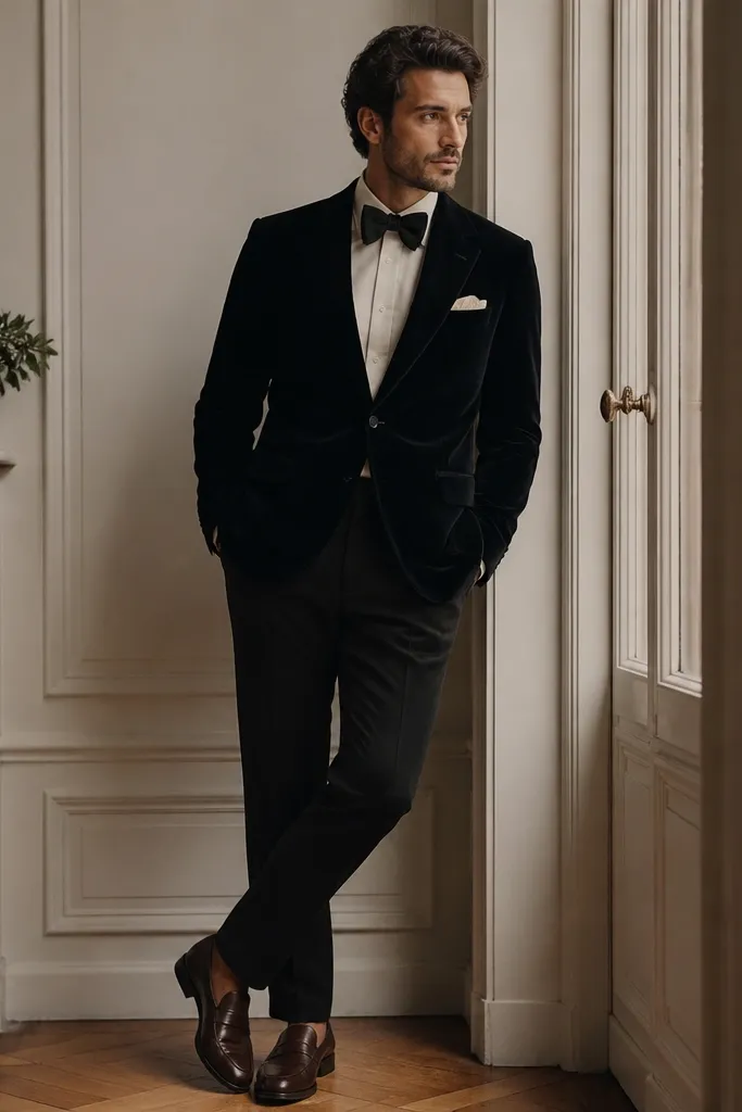 A black velvet one-breasted suit with a soft pile texture. The shirt is ivory with a classic collar, paired with a black satin bow tie. A small ivory pocket square peeks from the breast pocket. The shoes are dark brown leather loafers.