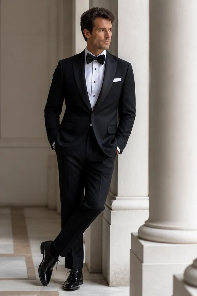 A black tuxedo-inspired suit with satin trim on the lapels, a black satin bow tie, and a white shirt. The pocket square is white with a simple fold. The shoes are black wingtip oxfords with a glossy finish.