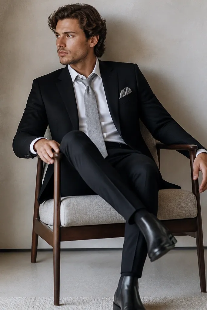A fitted black suit with clean, narrow lapels. The tie is a light gray woven silk, and the pocket square is a slightly darker gray with a textured linen look. The shirt is white and unbuttoned at the collar. Shoes are black leather Chelsea boots.