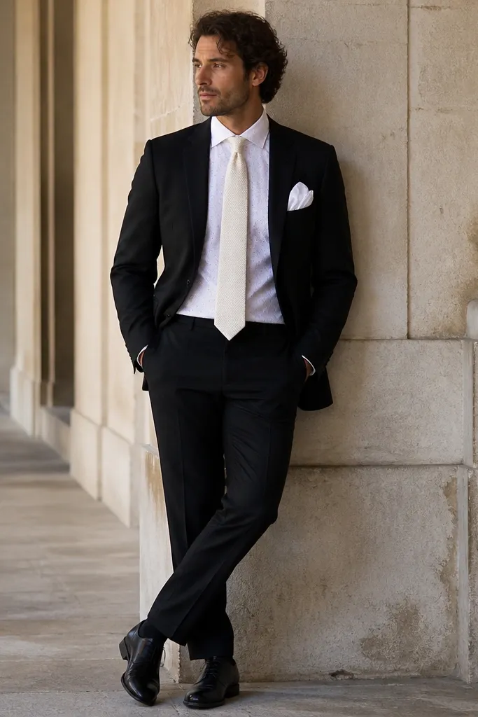 A black suit with a white eyelet or broderie-style dress shirt. The tie is off-white with a subtle knit texture. A white pocket square is folded into a puff. Shoes are black leather derby shoes.