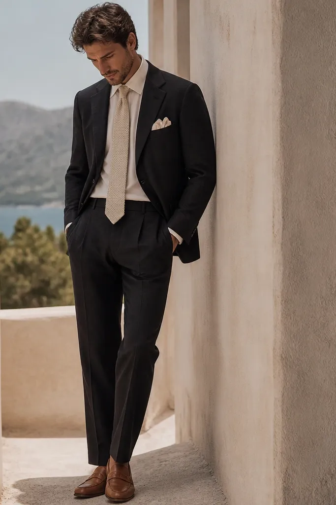 A black linen suit with visible breathable texture and relaxed drape. The shirt is ivory with a slightly open collar, and the tie is ivory knit. A linen pocket square in off-white sits neatly. Shoes are cognac leather loafers.