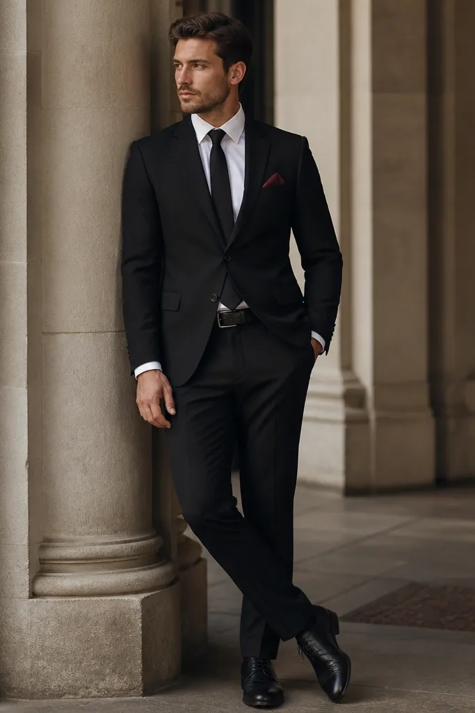 A black suit with a white dress shirt and a black tie. The pocket square is folded with a rich burgundy fabric, showing a small peak at the edge. Shoes are black leather and belt is black. Minimal jewelry is visible.
