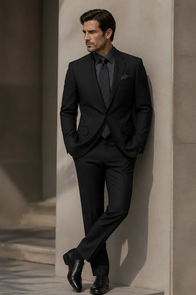 A black suit paired with a charcoal gray dress shirt. The tie is a darker black-gray with a subtle pattern. The pocket square matches the tie in a matte fabric. Shoes are black leather with a slight sheen.