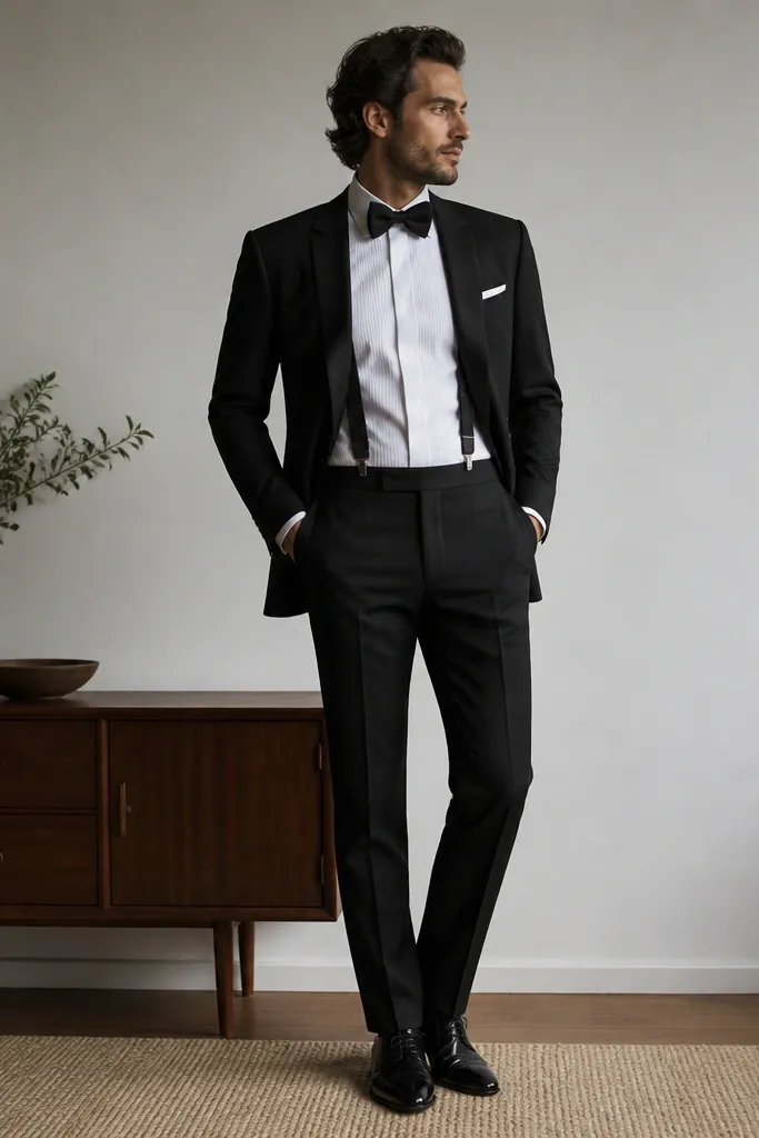 A black suit with a white dress shirt and visible black suspenders worn over the shoulders. The tie is a black bow tie. The pocket square is white linen. The pants have a clean front with no visible belt. Shoes are black leather oxfords.
