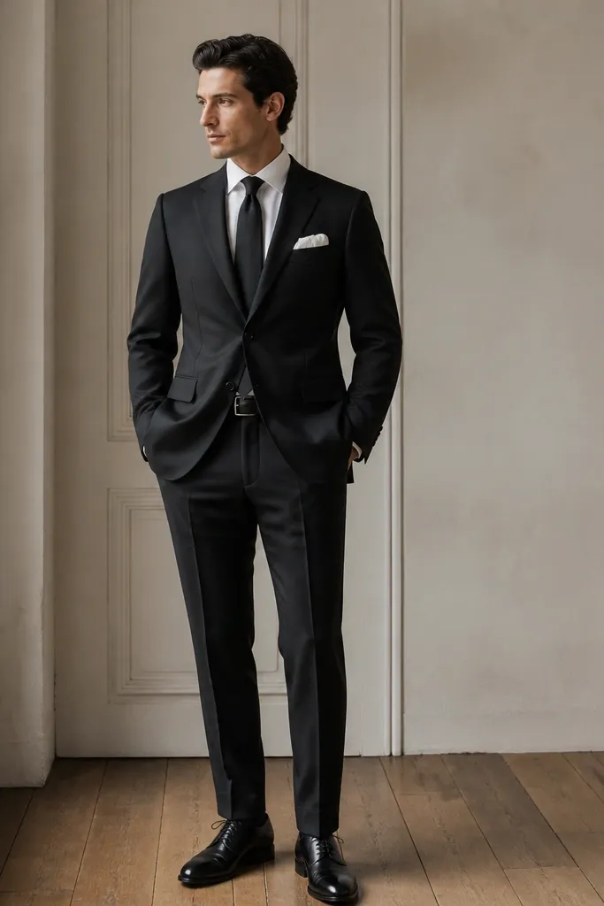 A group-ready matte black wool suit on a model with a white linen pocket square folded sharply in the breast pocket; black leather belt and polished black oxford shoes.