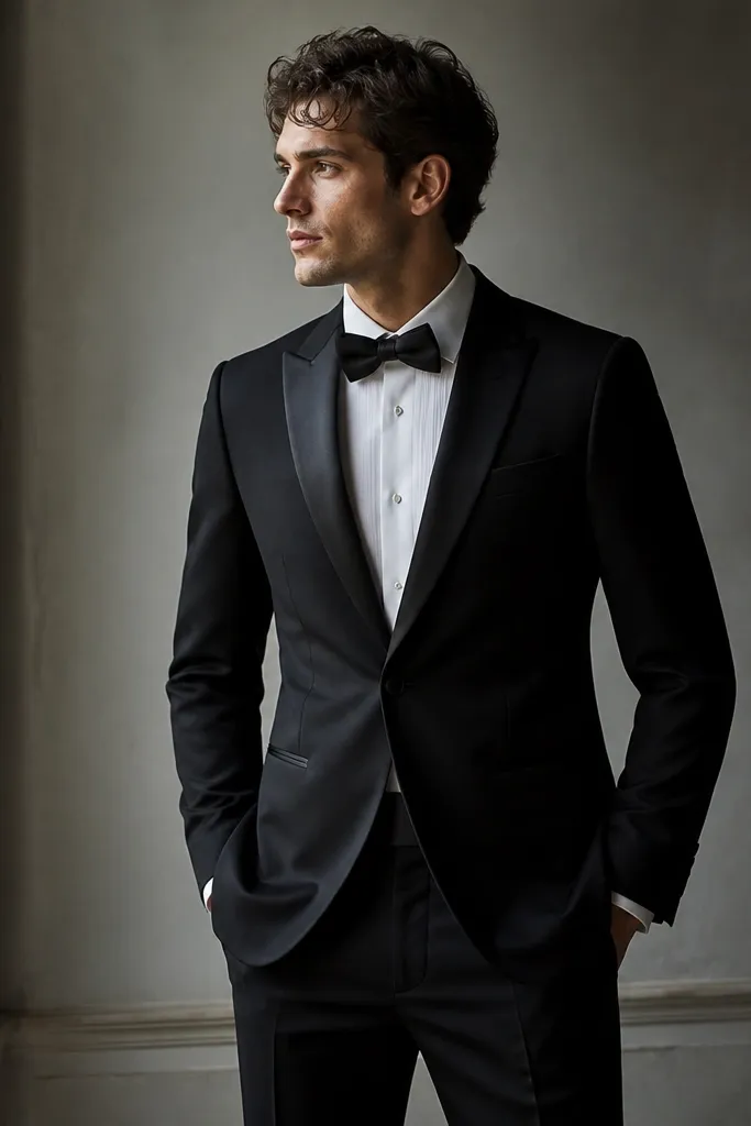 A black tuxedo jacket with a subtle black satin sheen on the lapels, paired with matching black trousers; a low-profile black bow tie and a clean breast pocket with no extra color.