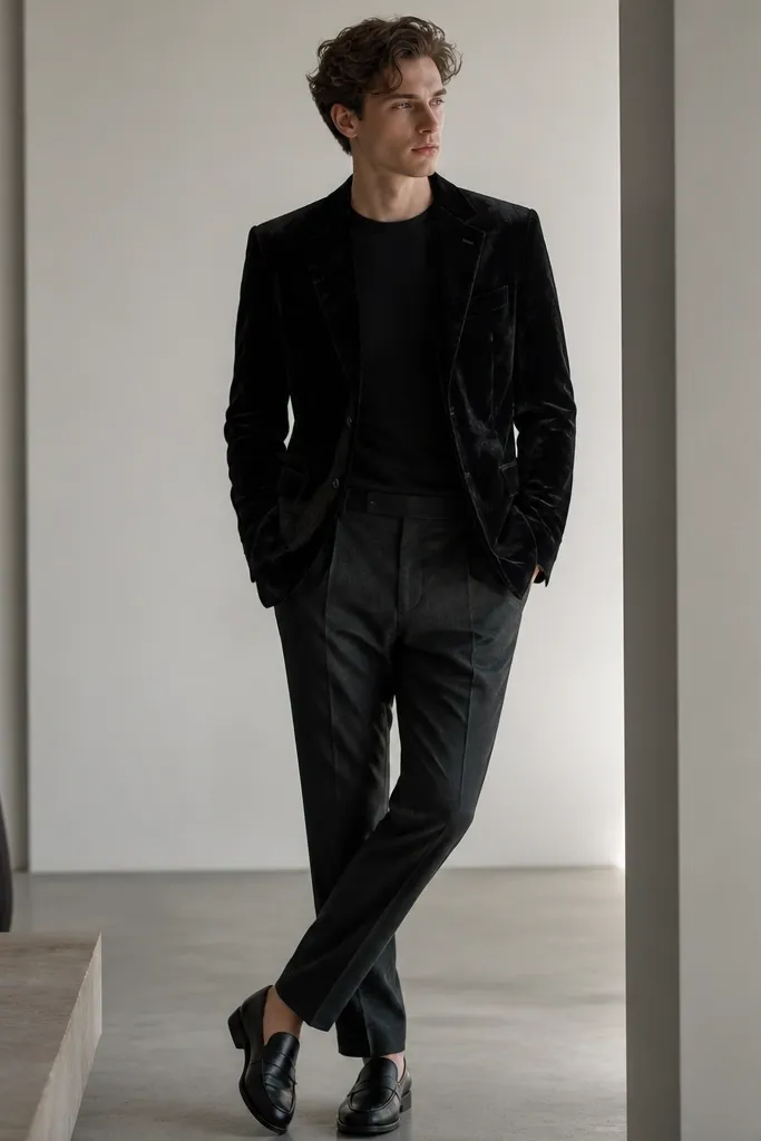 A black velvet blazer with a subtle crushed texture, worn with charcoal gray trousers; a simple black crew-neck shirt and minimal black loafers.