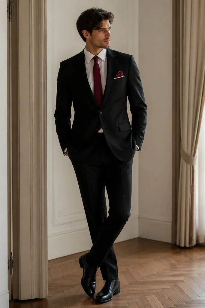 A black suit with a deep burgundy tie, white shirt, and a burgundy pocket square with a white edge; black lace-up shoes.