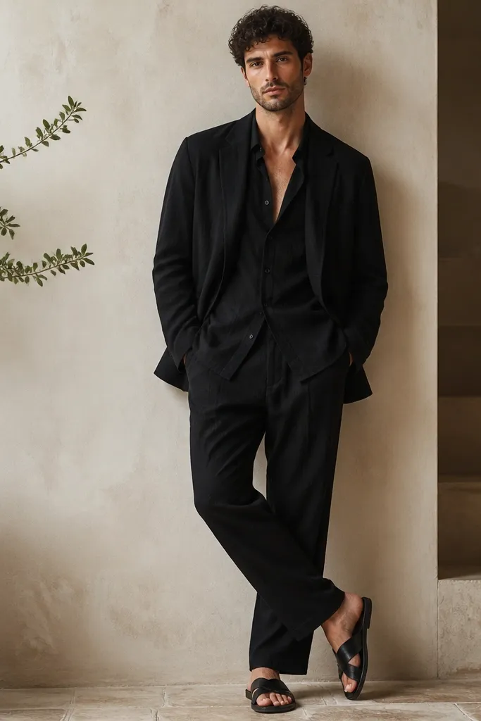 A black linen suit with a slightly relaxed drape, showing natural linen texture; an open collar black shirt and black sandals or loafers.