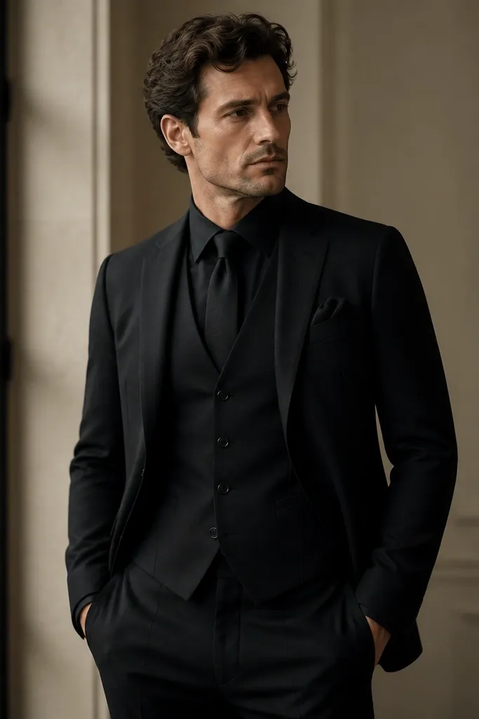 A black waistcoat layered over a black dress shirt and black suit jacket, with a simple black tie; no pocket square color, just a neat fold of black fabric.