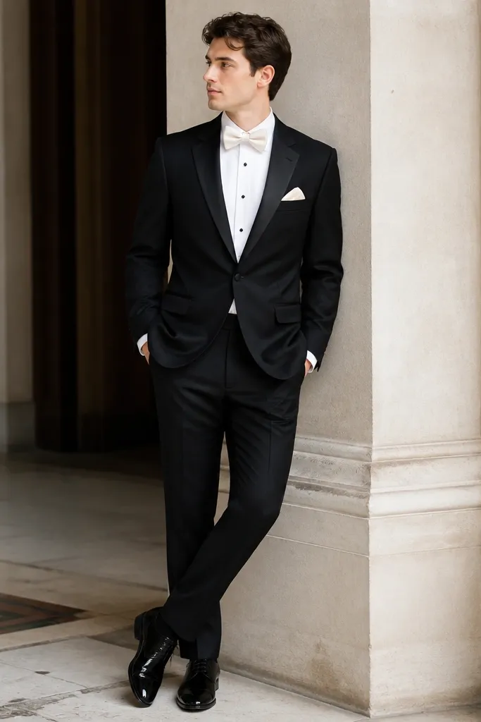 A black suit with an ivory bow tie, white shirt, and a small ivory pocket square; black leather shoes with a clean shine.