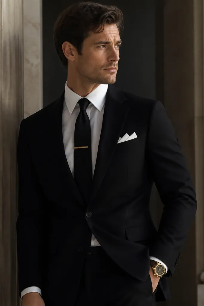 A black suit with a white shirt and black tie, featuring a small gold tie clip and a gold wristwatch; pocket square is white with a folded edge.