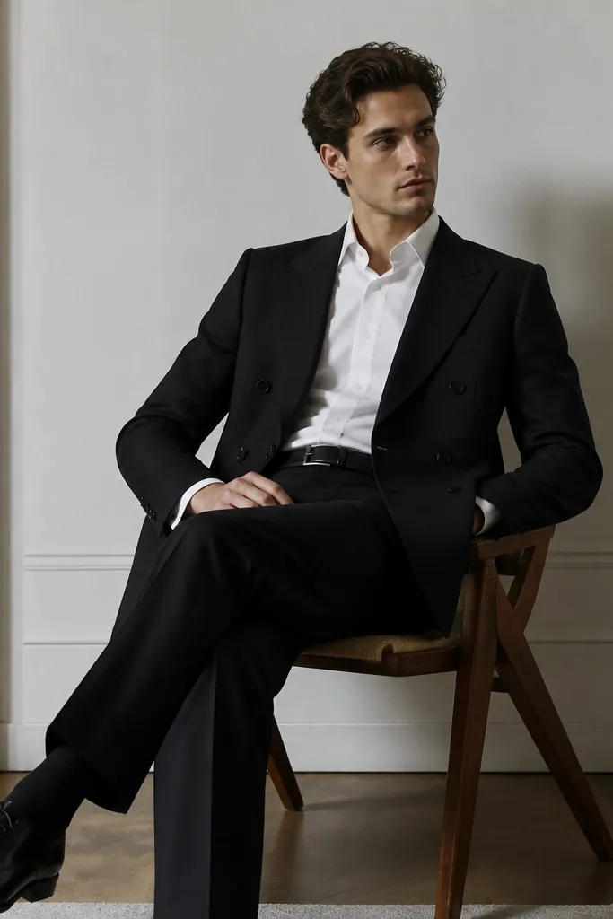 A black double-breasted jacket with structured lapels, paired with a white dress shirt and black trousers; a black belt and oxford shoes.