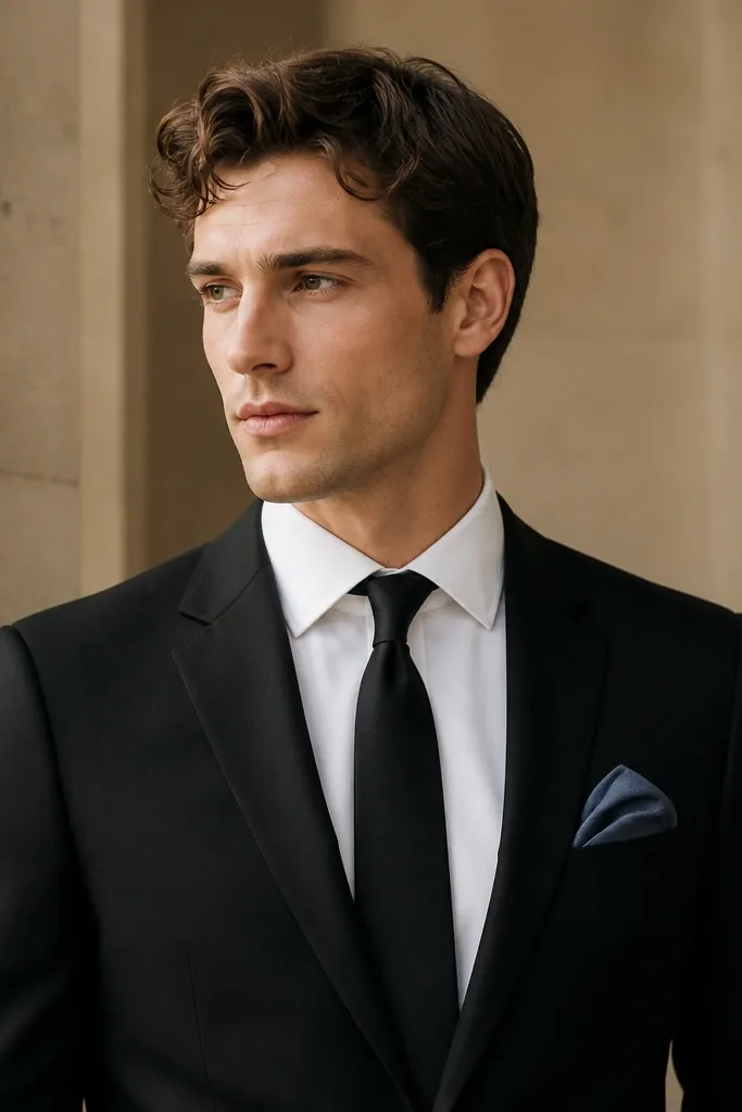 A black suit with a white shirt and a slate blue pocket square peeking from the breast pocket; black tie with a matte finish.
