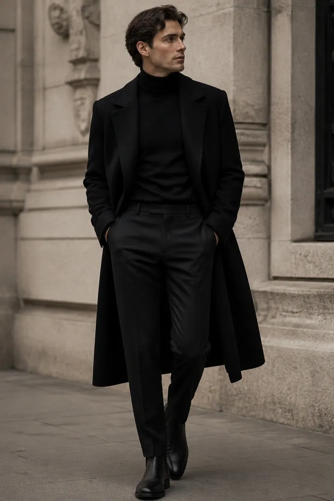 A black fine-knit turtleneck tucked into tailored black trousers, with a long black overcoat and sleek black boots; no tie.