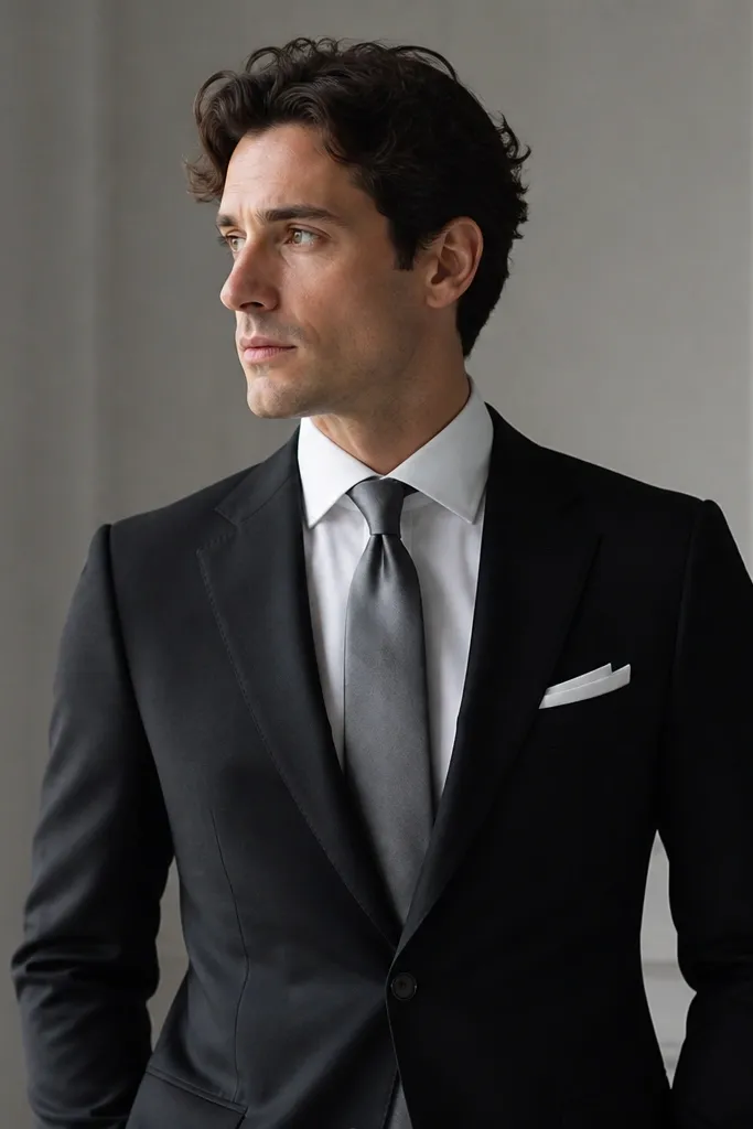 A black suit with a gray silk tie that has a subtle sheen, worn with a white shirt; pocket square is white with a simple fold.