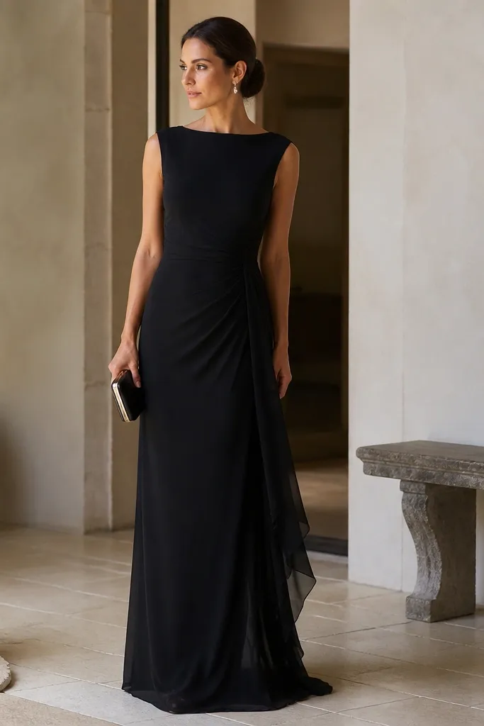 A floor-length black column dress made of chiffon with subtle ruching along the waist and hips, a modest neckline, and a flowing overlay; styled with a small structured clutch.