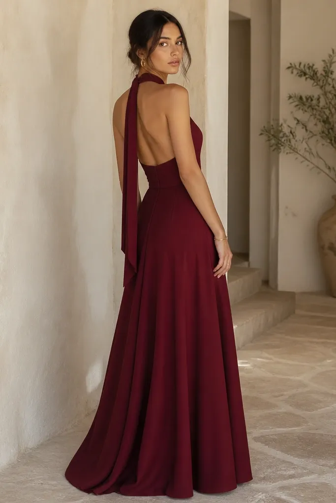 A wine red halter maxi dress in crepe with a fitted waist, a flowing skirt, and a decorative tie at the back; paired with minimal gold jewelry.