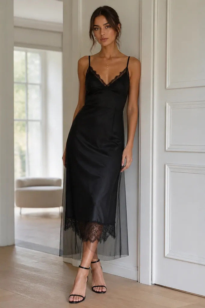 A black slip dress with a satin-like skirt, lace trim at the neckline and hem, and a lightweight mesh overlay for coverage; styled with strappy heels and a delicate necklace.