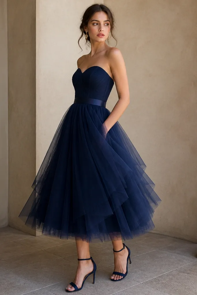 A navy midi outfit with a structured bodice and a layered tulle skirt that puffs gently, finished with a satin belt; shown with heeled sandals.