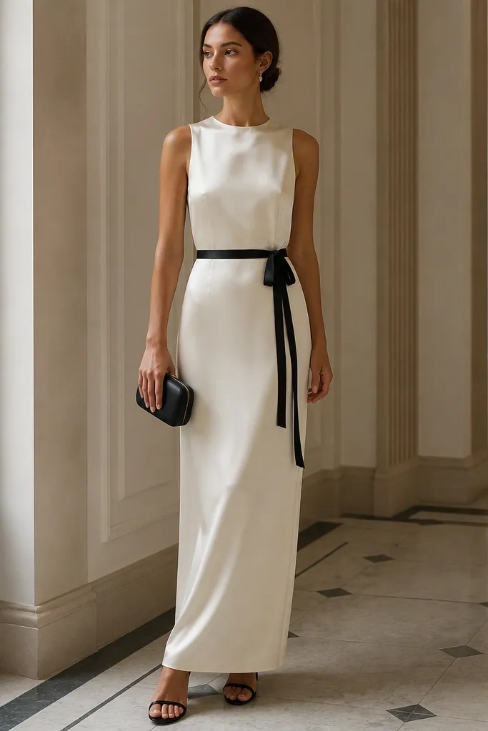 An ivory satin column dress with a high neckline, minimal seams, and a black ribbon detail at the waist; styled with black strappy heels and a clutch.