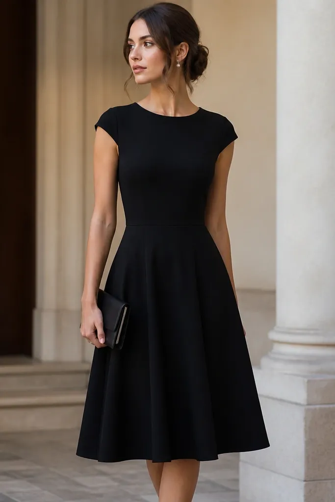 A black crepe fit-and-flare dress with cap sleeves, a fitted waist, and a flare that falls to the knee-to-mid-calf range; paired with a sleek clutch.