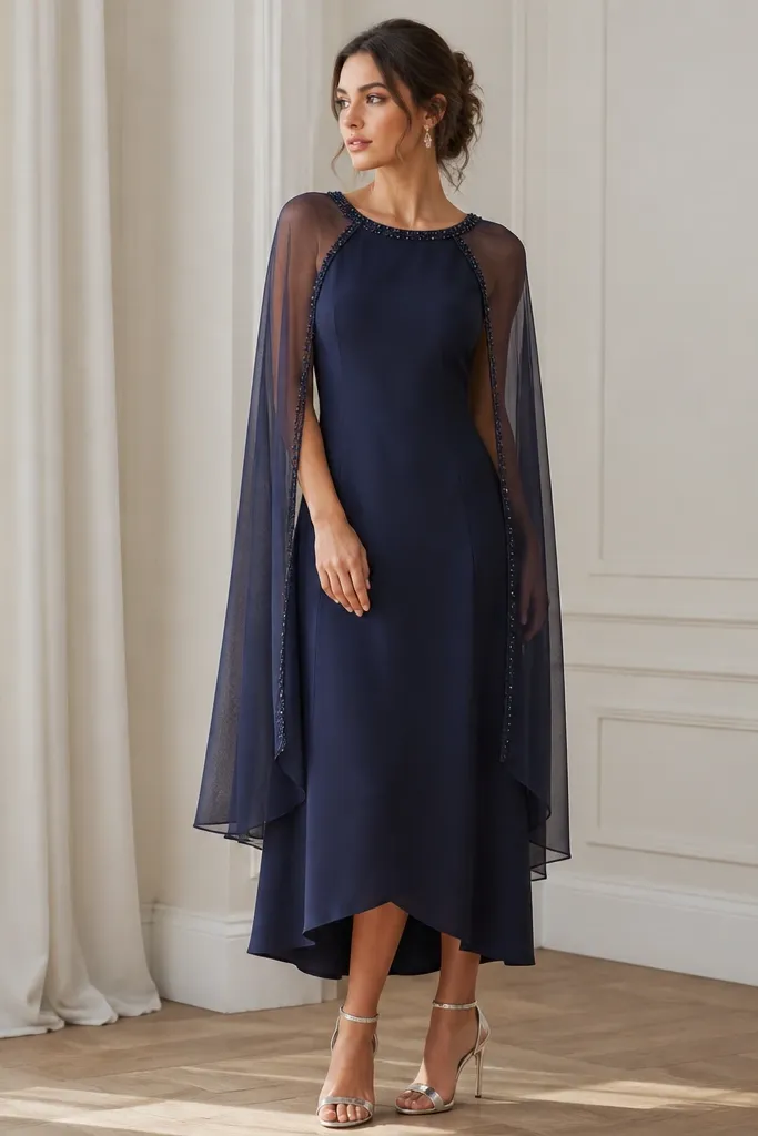 A navy dress with a smooth underlayer and a mesh overlay shaped like a cape, with subtle beaded edging around the neckline and shoulders; styled with silver heels.