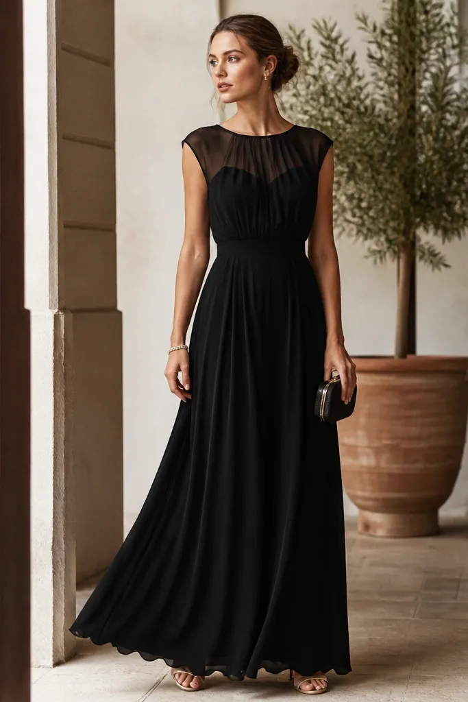 A black georgette maxi dress with a semi-sheer look at the top, a smooth lining, and a scalloped hem detail; styled with a pearl-like bracelet and a compact clutch.