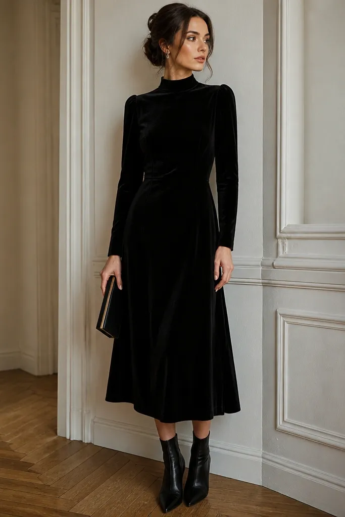 A black velvet midi dress with a high neckline and long sleeves, fitted through the waist with a slight A-line skirt. The fabric looks plush and light-absorbing; the model pairs it with black ankle boots and a structured clutch.