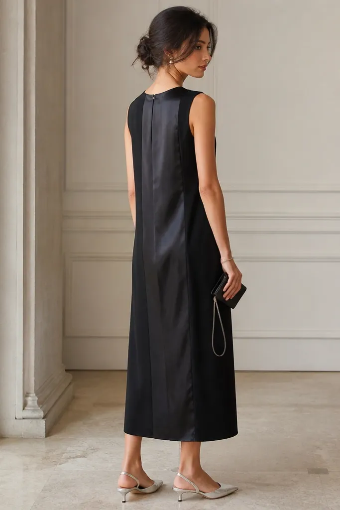 A black satin-back crepe column dress that falls to mid-calf, with a clean neckline and a slight sheen on the back panels. The front is matte crepe; the model wears low metallic kitten heels and a sleek wristlet.