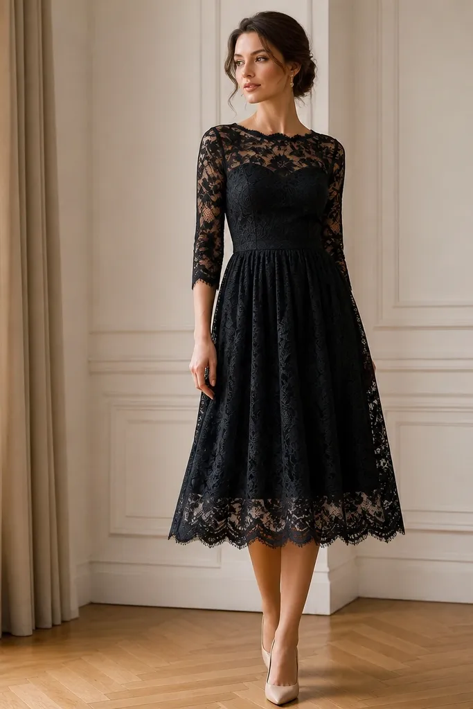 A black lace midi dress with a scalloped lace overlay, a fitted bodice, and a skirt that falls in soft pleats. The lining is visible at the neckline and hem for full coverage; the model wears nude tights and pointed-toe heels.