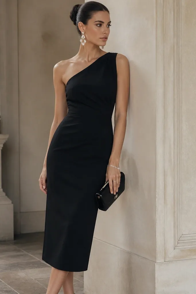 A black crepe one-shoulder dress with a fitted waist and a midi skirt. The model has a sleek updo, bold drop earrings, a slim bracelet, and a glossy black clutch.