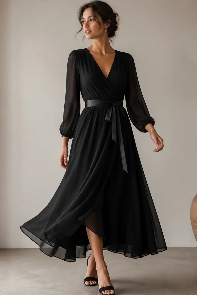 A black georgette wrap dress with a V-neck, a tie waist, and a skirt that swings softly. The fabric looks airy and slightly textured; the model pairs it with a satin belt and low block heels.