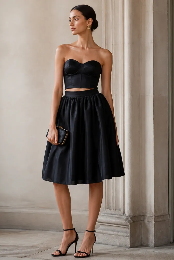 A two-piece outfit: a black taffeta knee-length skirt with slight volume and a fitted satin bodice top with structured seams. The model wears heeled sandals and a small structured clutch.