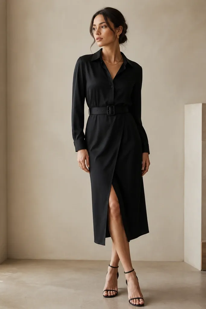 A black silk-blend shirt dress with long sleeves, a crisp collar, and a belted waist. The model wears it with strappy heels and a minimalist gold necklace.