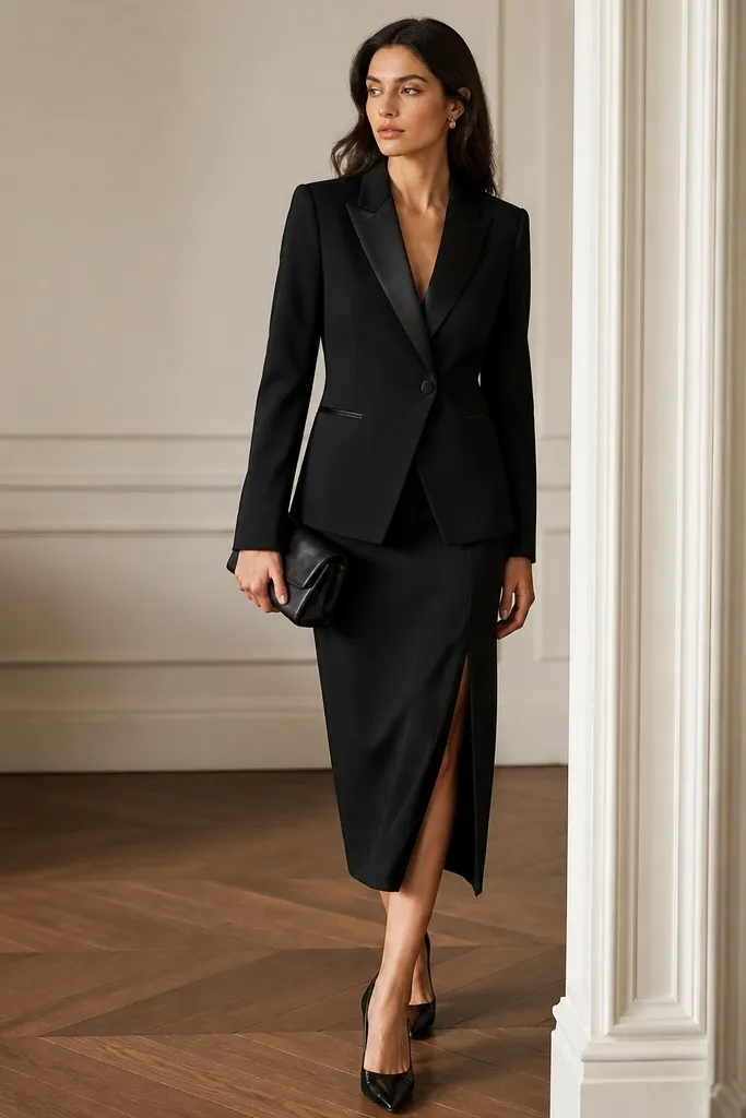 A black tailored blazer with satin lapels paired with a black midi skirt. The blazer is fitted at the waist; the skirt has a smooth finish and a subtle slit. The model wears satin pumps and a clutch.