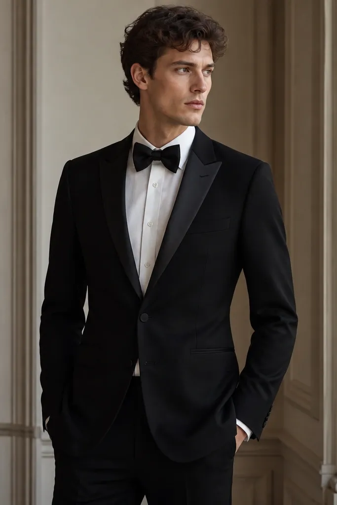 A black tuxedo-style blazer with subtle satin trim at the lapels, paired with matching black trousers. The look includes a crisp white dress shirt and a black bow tie; the model stands in a formal venue lighting.